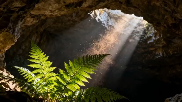  洞穴光束中的蕨类植物343#横屏 	 