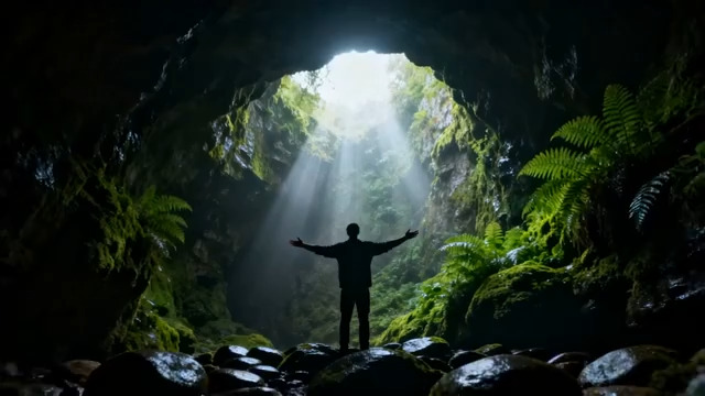  洞穴光束中的希望身影344#横屏 	 