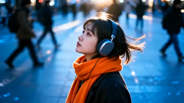  冬日街头听歌的女孩326#横屏 	 -