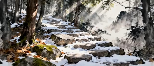  冬日山林石阶雪景329#横屏 	 