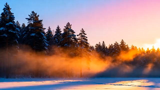  冬日晨雾森林日出324#横屏 	 -