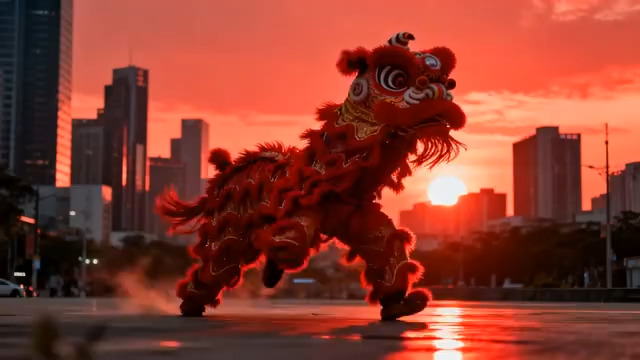  城市日出下的醒狮表演204#横屏 	 