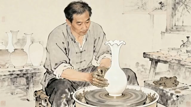  传统陶艺师拉坯制作花瓶259#横屏 	 