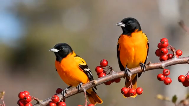  橙黑小鸟枝头栖息特写233#横屏 	 