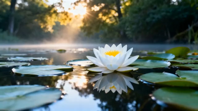  晨曦荷塘白莲花绽放160#横屏 	 