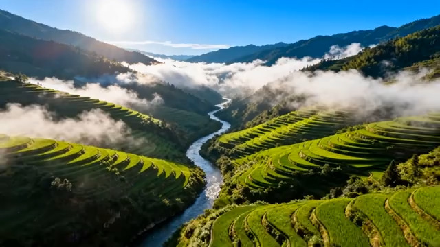  晨雾缭绕的绿色梯田151#横屏 	 