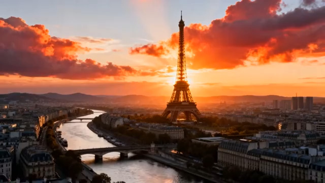  巴黎铁塔日落航拍45#横屏 	 -