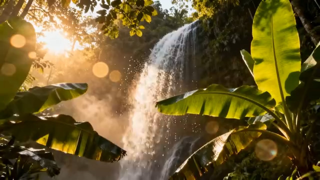  晨光瀑布与绿植146#横屏 	 -