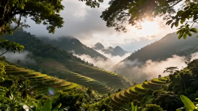  晨曦云雾中的梯田美景170#横屏 	 -