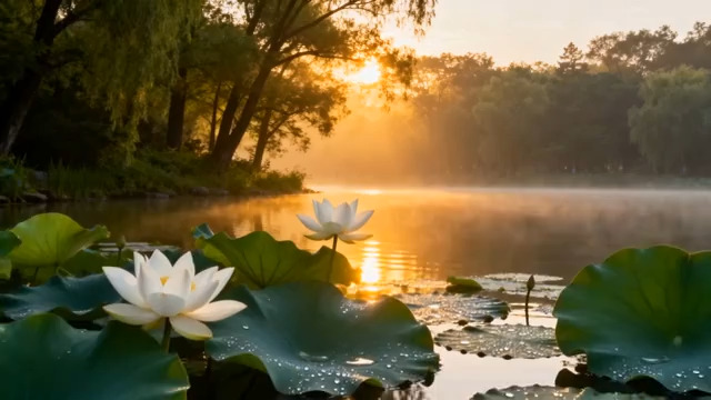  晨曦荷塘荷花绽放301162#横屏 	 