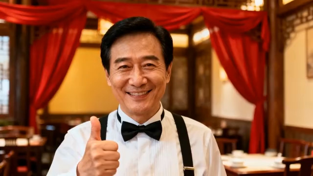  餐厅服务人员微笑点赞95#横屏 	 