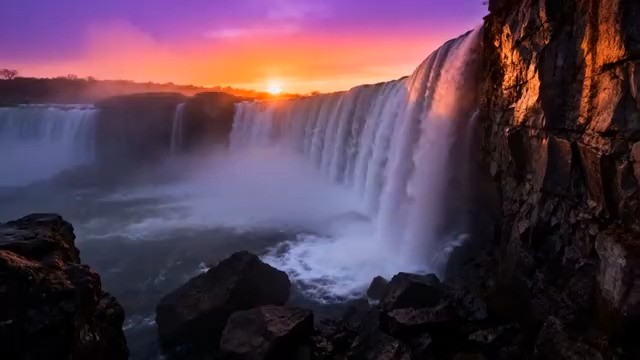  壮丽瀑布日落景观3259#横屏 	 -