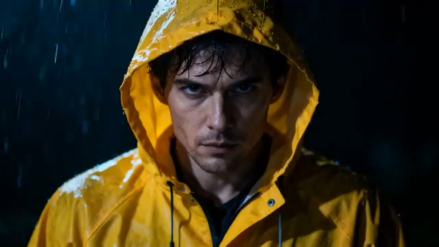  雨夜中的黄色雨衣男子3051#横屏 	 