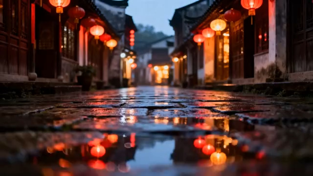  雨夜古街红灯笼倒影3035#横屏 	 