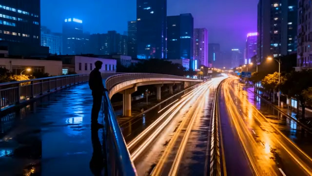  雨夜城市桥上的孤独身影3025#横屏 	 - 