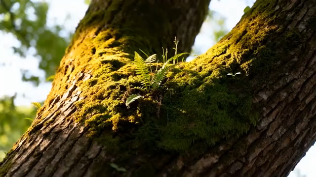  阳光下的树干苔藓特写2844#横屏 	 