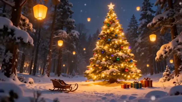  雪夜圣诞树与礼物2708#横屏 	 