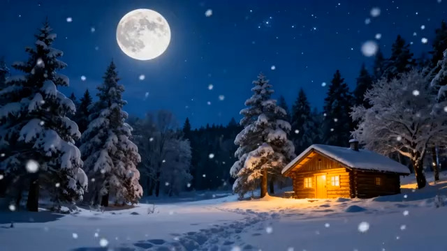  雪夜小屋与满月2712#横屏 	 