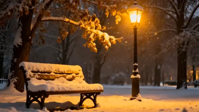  雪夜公园路灯长椅2705#横屏 	 