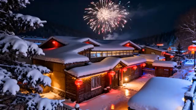  雪夜烟花照亮山村2715#横屏 	 - 