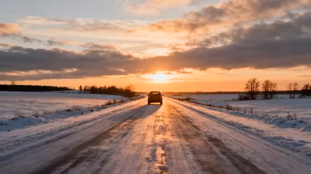  雪路日落车前行2635#横屏 	 - 