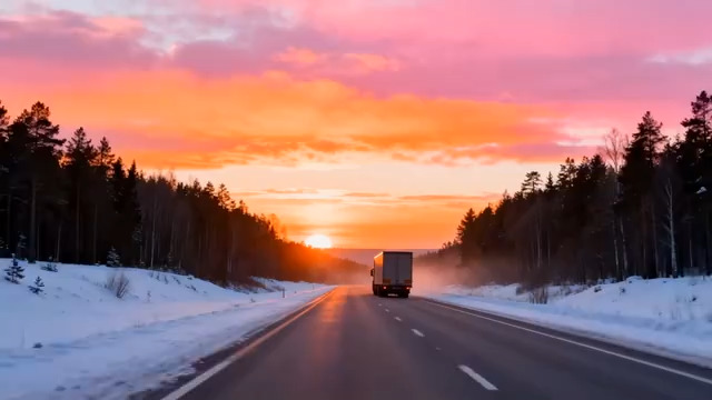  雪路卡车与粉橙日落2634#横屏 	 