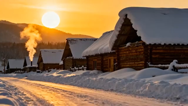  雪后木屋晨雾炊烟2622#横屏 	 