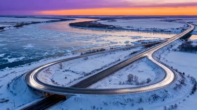  雪后弯道公路暮色2627#横屏 	 