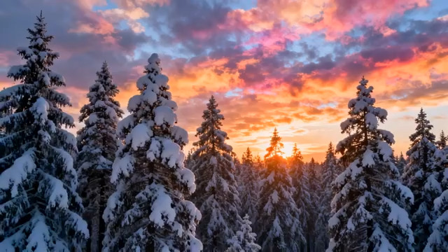  雪后松林日出美景2626#横屏 	 - 