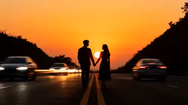  夕阳下牵手的情侣背影2412#横屏 	 