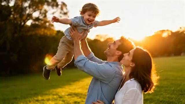  夕阳下的幸福一家三口2404#横屏 	 