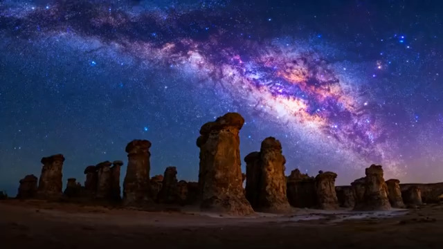  星空下的岩石柱延时摄影2566#横屏 	 