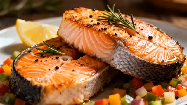  香煎三文鱼排特写2494#横屏 	 