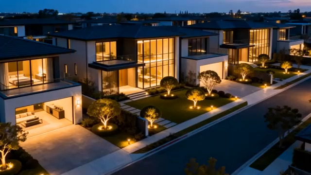  现代别墅群夜景航拍2453#横屏 	 