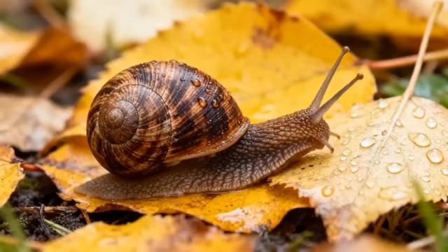  蜗牛爬过带露秋叶2335#横屏 	 