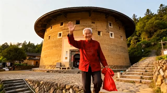  土楼前的红衣老人挥手2258#横屏 	 