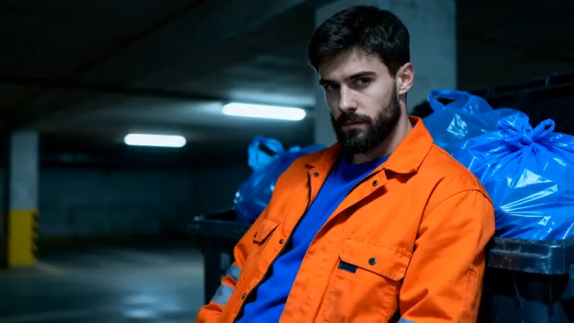  停车场沉思的清洁工2245#横屏 	 