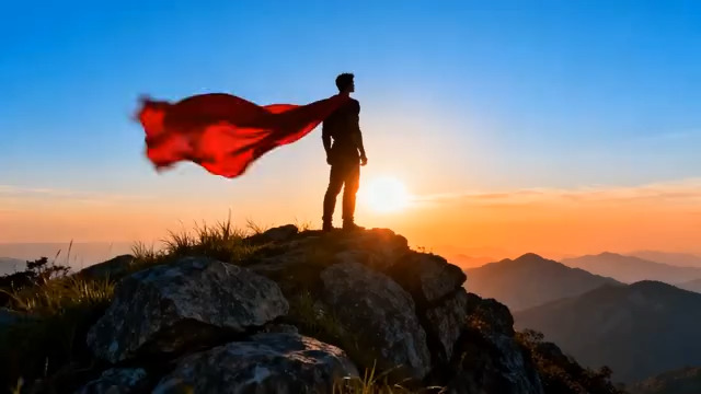  山顶红披风剪影 迎风飘扬1938#横屏 	 