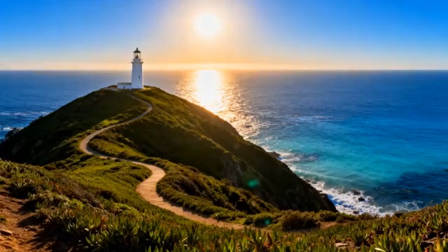  山顶灯塔与日出海景1936#横屏 	 -