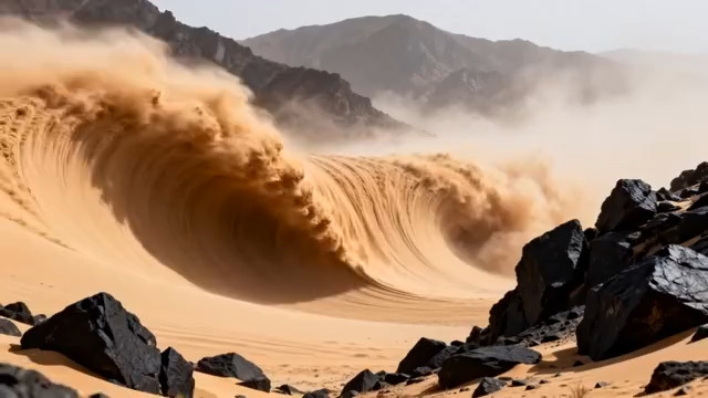  沙漠沙尘暴席卷山石1919#横屏 	 