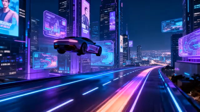  赛博朋克悬浮车城市夜景1874#横屏 	 