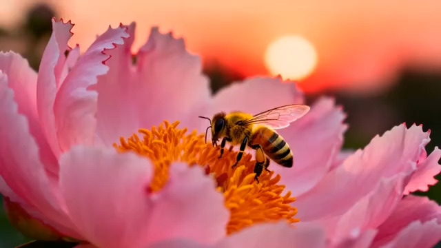  蜜蜂采蜜粉色花朵特写1569#横屏 	 
