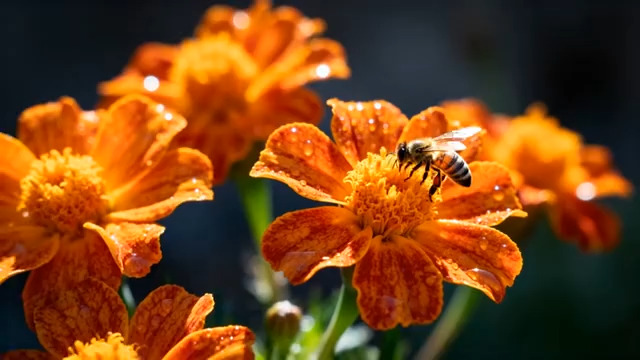  蜜蜂采蜜橙色花朵特写1568#横屏 	 