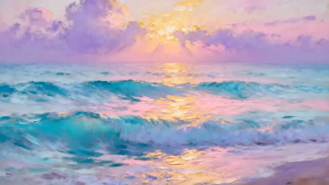  梦幻粉紫日落海浪1558#横屏 	 - 