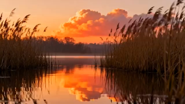  落日芦苇荡湖面倒影1495#横屏 	 