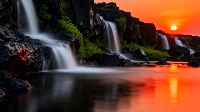  落日余晖下的瀑布流水1497#横屏 	 - 