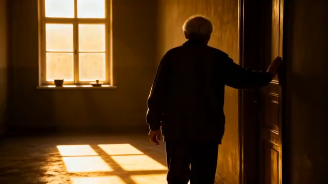  老人推开门的逆光剪影1449#横屏 	 