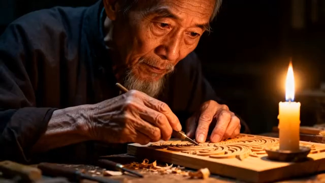  老匠人烛光下木雕1437#横屏 	 