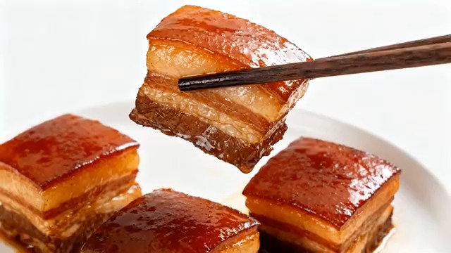  筷子夹起东坡肉特写1363#横屏 	 -