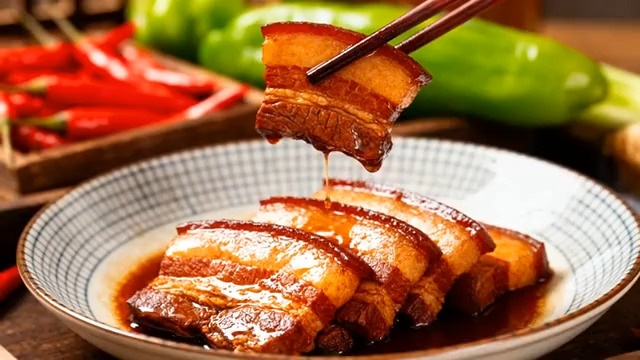  筷子夹起红烧肉特写1364#横屏 	 